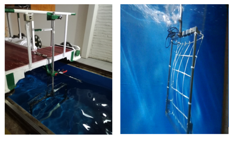 Imagen izquierda: Montaje de la raqueta de acero inoxidable, instrumentación, carro y canal utilizado en la experimentación. Imagen derecha: Ejemplo de un ensayo, donde la raqueta está sometida a la fuerza del flujo durante una rutina experimental para red limpia.