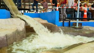 Descarga del salto de esquí del evacuador de crecidas del embalse.