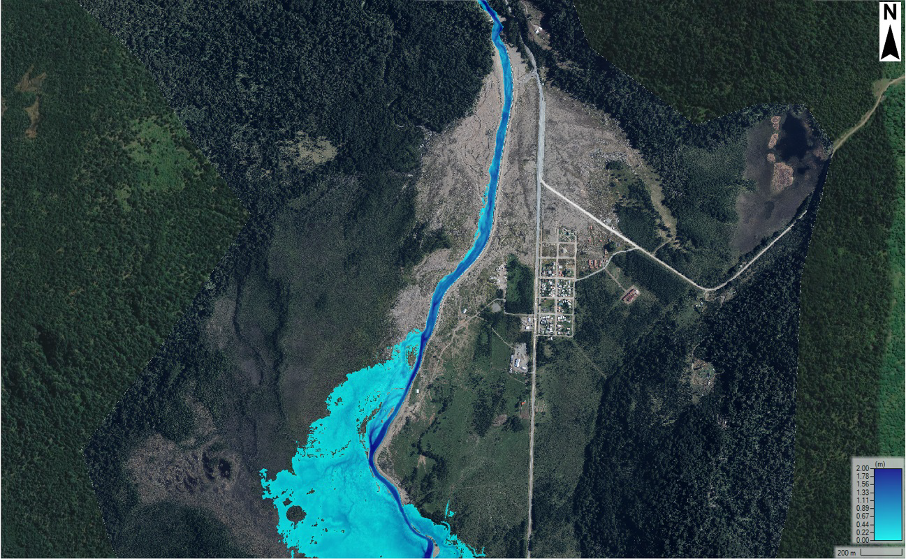 Resultados profundidad de agua (m) modelo hidráulico HEC-RAS-Periodo de retorno 200 años. Villa Santa Lucia, comuna de Chaitén.